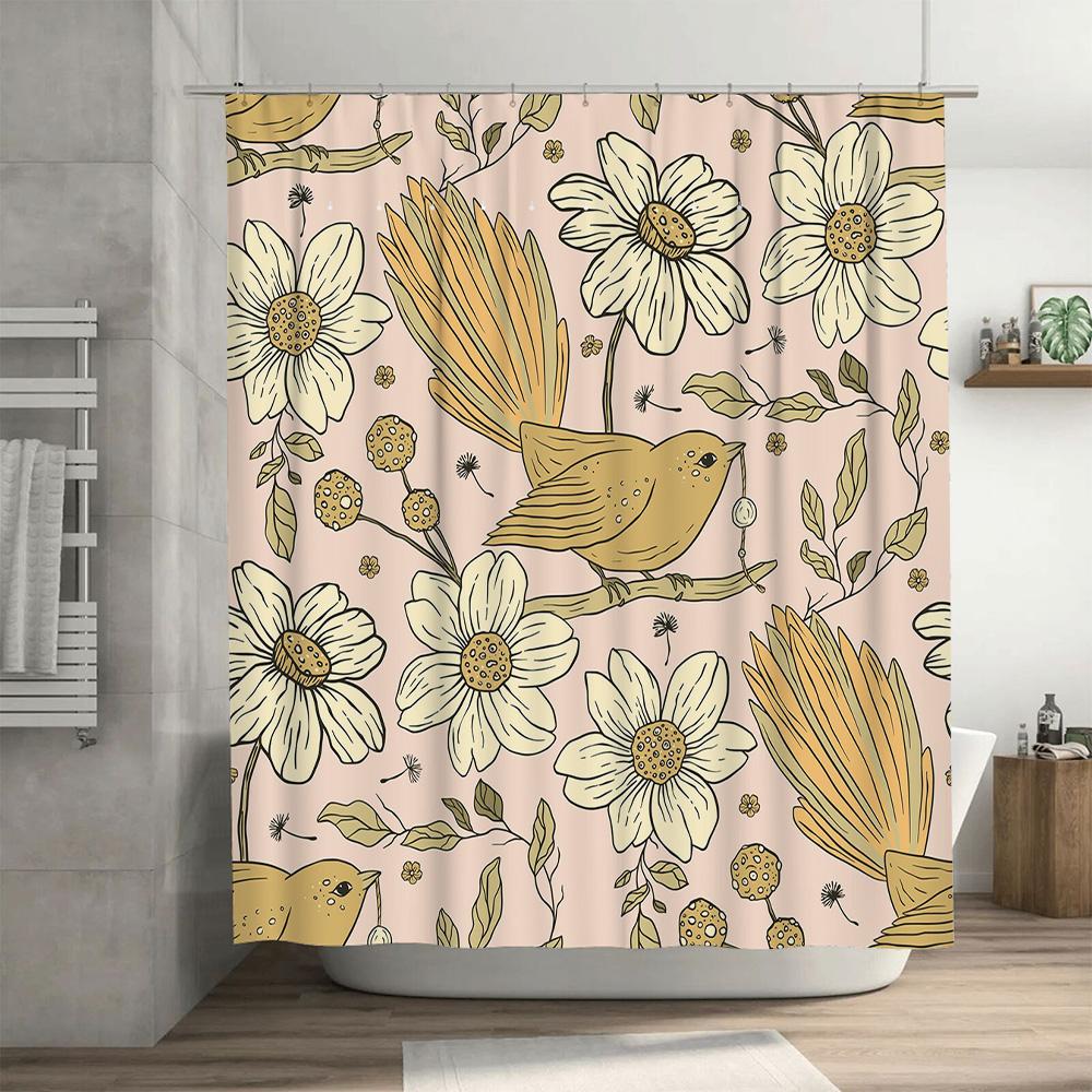 Vibrant Floral Print Shower Curtain for Bathroom Decor Pink Flower Design Bird Pattern Waterproof Fabric 72x84in