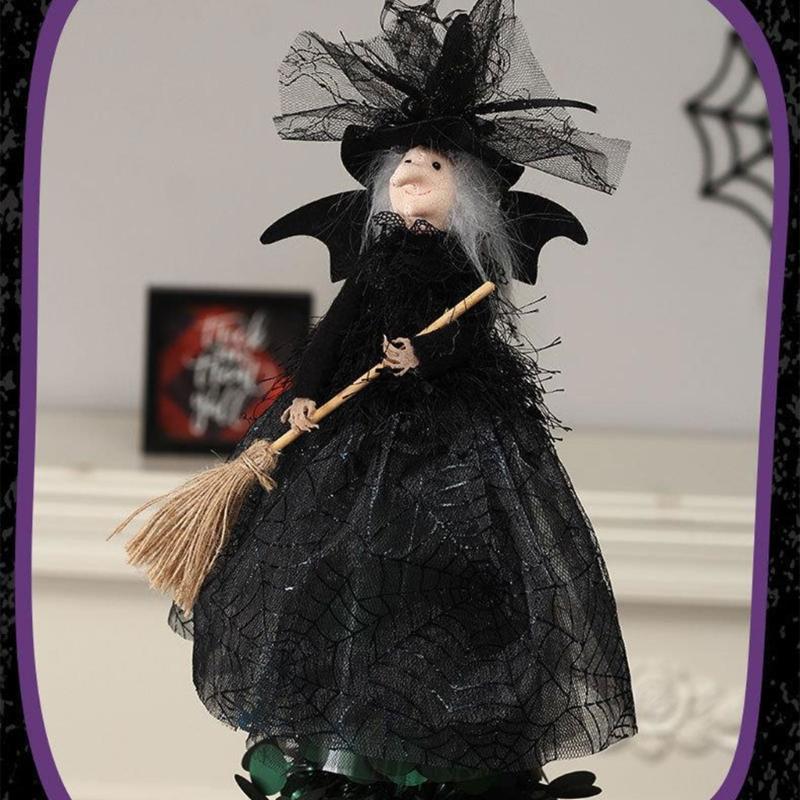 Halloween Witch Doll Desktop Decorations Witch Tree Toppers for Holiday Party Home Decor Witches with Spiders Web Dress