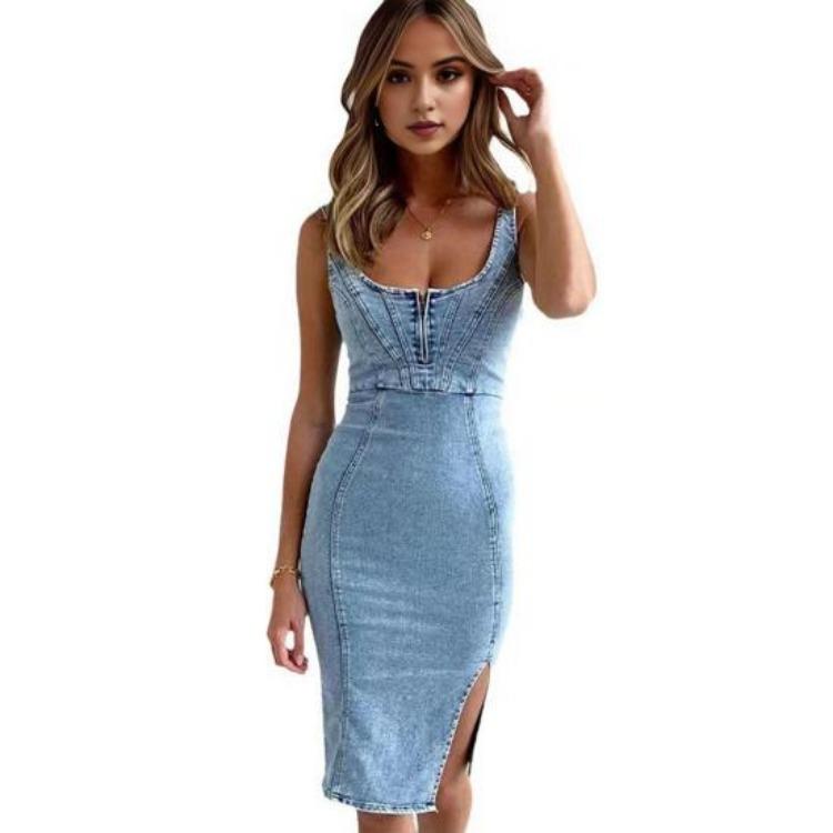 Backless Summer Dress Women Sleeveless Low Cut U Neck Distressed Side Split Retro Slim Fit Closure Sheath S синий