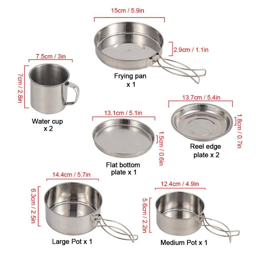 8pcs/set Camping Cookware Mess Kit Stainless Steel Cooking Pot And Pan Set With Plates Cups For Outdoor Hiking Backpacking