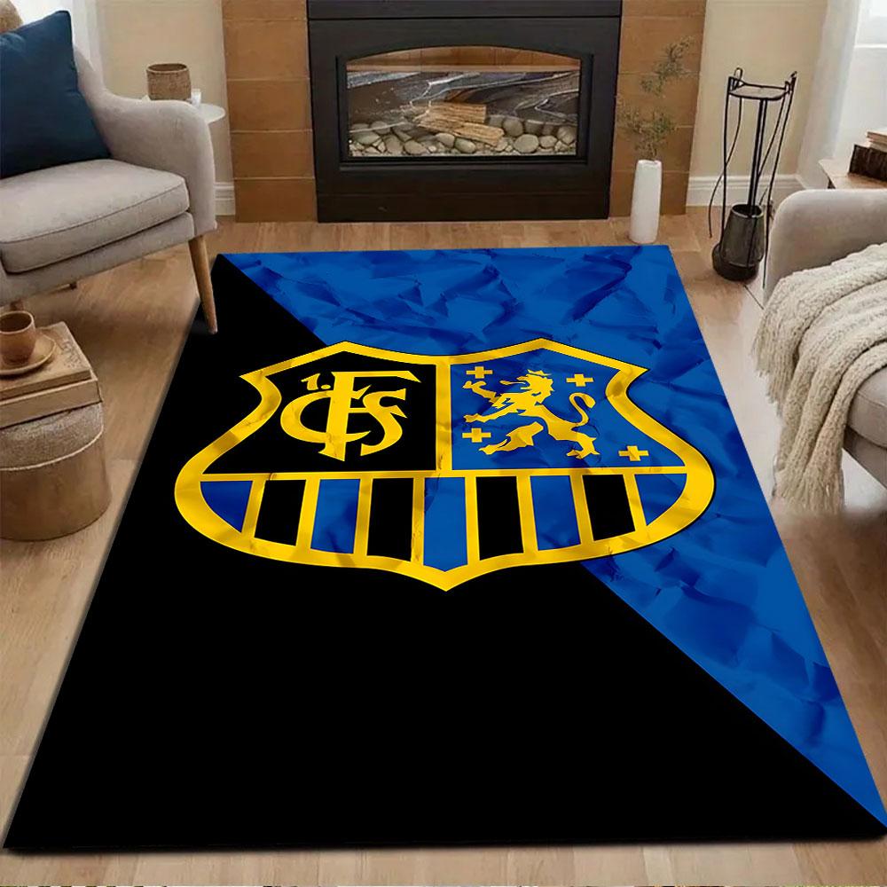 Gold Lion and Letters Emblem on Blue Patterned carpet, non slip mat suitable for living room and bedroom sofas