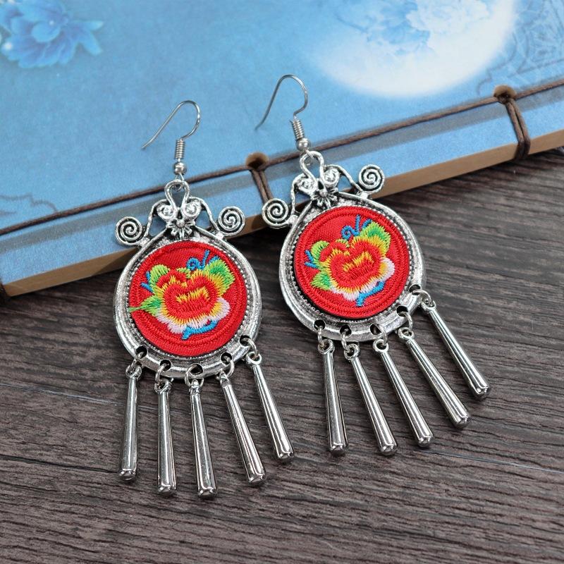 Retro hand-embroidered fabric earrings female long flower fringed versatile temperament performance earrings earrings