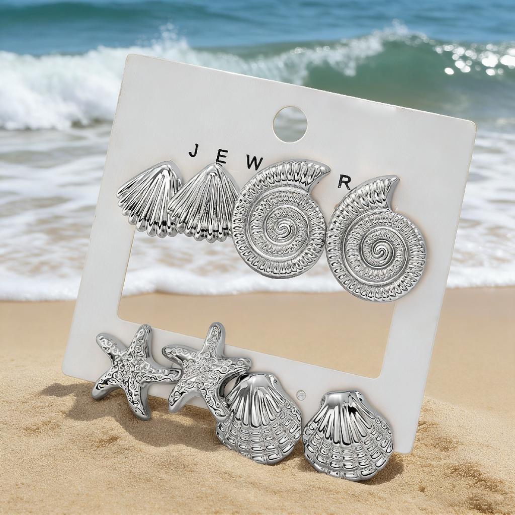 4 Pairs of Ladies' Golden Ocean Style Earrings Set, Shell Starfish Conch Vacation Earrings