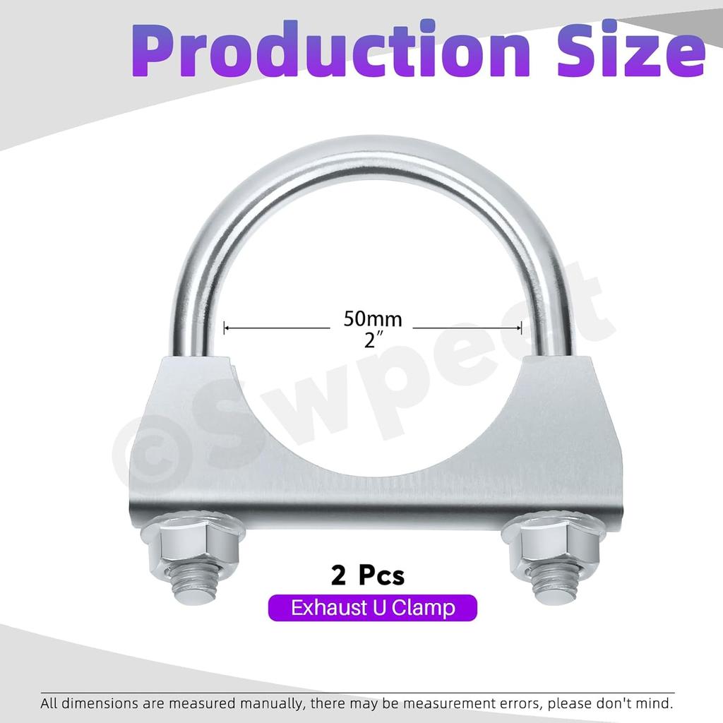 Swpeet 2Pcs Galvanized 2" - 50Mm Exhaust U Clamp Kit, Galvanized Muffler U-Bolt Clamps, Universal Heavy Duty U-Bolt Muffler Clamp Ideal For Tip Pipes