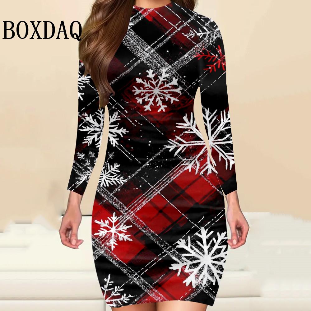 Christmas Party Women Dress Fashion Christmas Printed Autumn Winter Long Sleeve Elegant Women's Bodycon Mini Dress