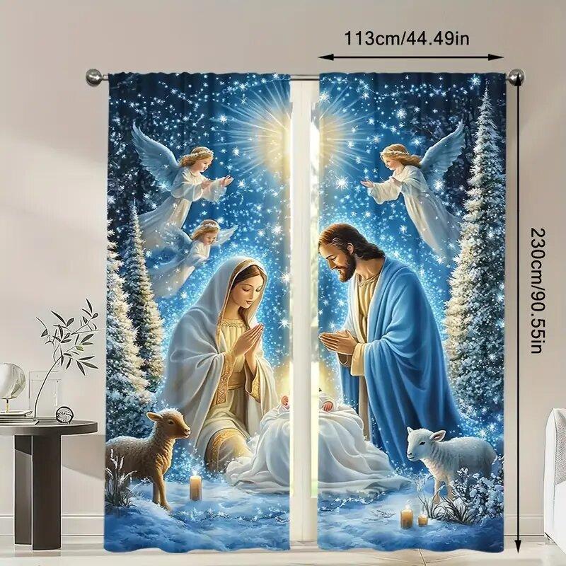 Christmas Jesus Nativity curtains, pole bag curtains, bedroom and living room decoration, home decoration, Christmas decoration