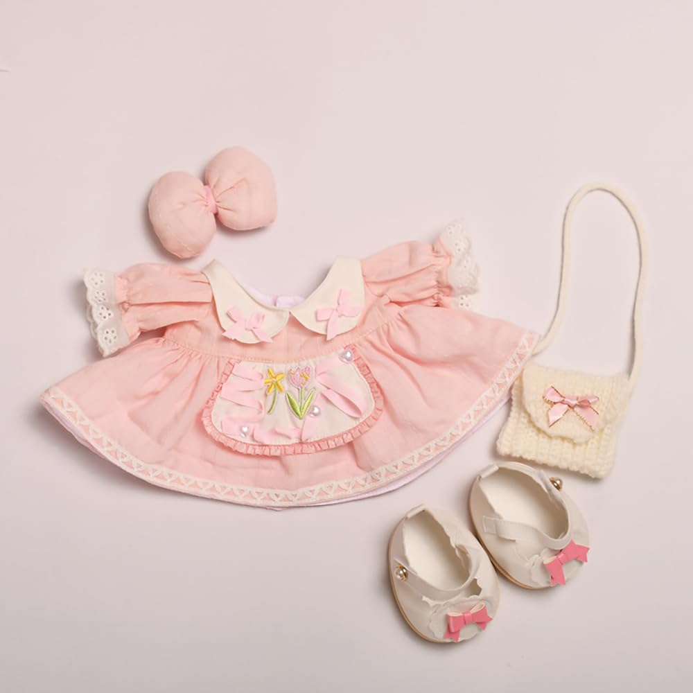 Linabelle Stella Lou Plüschkleidung, Größe Klein, Rosa Tulpenkleid-Set, Wechselbares Outfit, Plüschkleid, Puppenkleidung (Kleid, Stricktasche und Schleife
