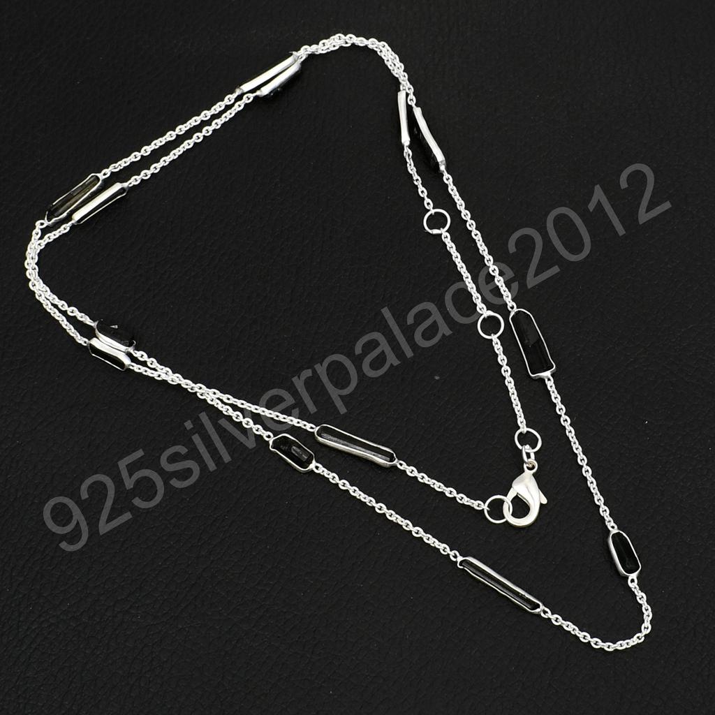 Natural Black Tourmaline Gemstone 925 Sterling Silver Plated Chain Minimalist Crystal Necklace, Adjustable Healing Stone Jewelry