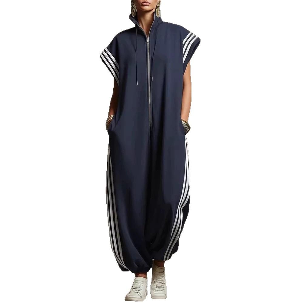 Nouveau Style Fermeture Éclair Col Montant Rayé Coordination de Couleurs Tendance Décontracté Coupe Ample Manches Courtes Pantalon Une Pièce pour Femmes