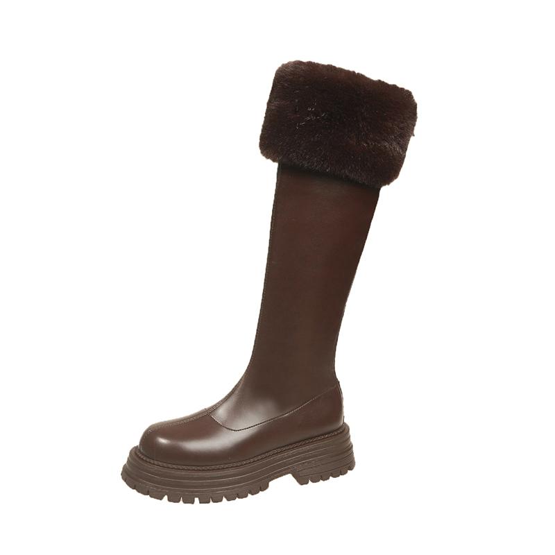 Fur Flats Platform Women High Boots Fad Mid Heels Shoes Plush Warm Knee High Snow Boots Winter 2025 Trend Goth Pumps Botas Mujer