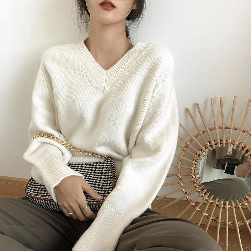 Sweater for Women Autumn Winter Thickened Warm Knitted Stretchy Long Sleeve V-neck Tops