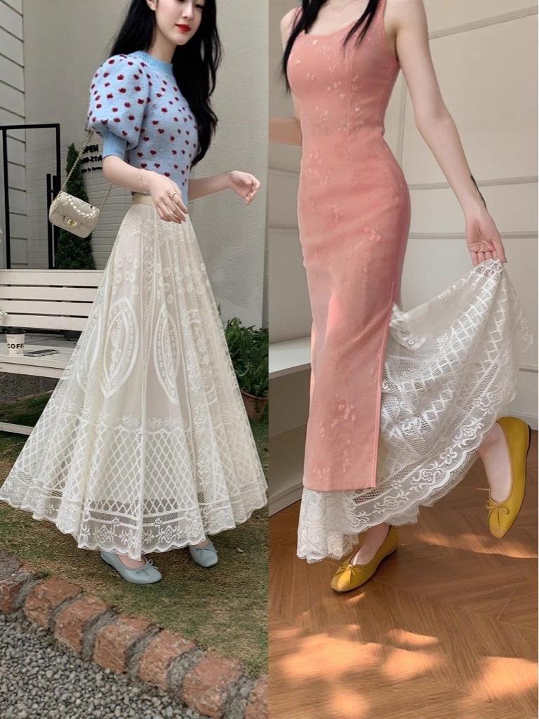 White Lace Hollow Out Cheongsam Petticoat - French Style Mid-Length Swing Skirt