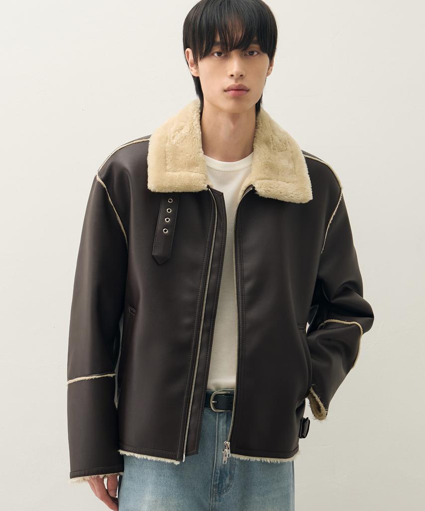 Draw Fit Oversized Line Shearling Jacket [Brown]