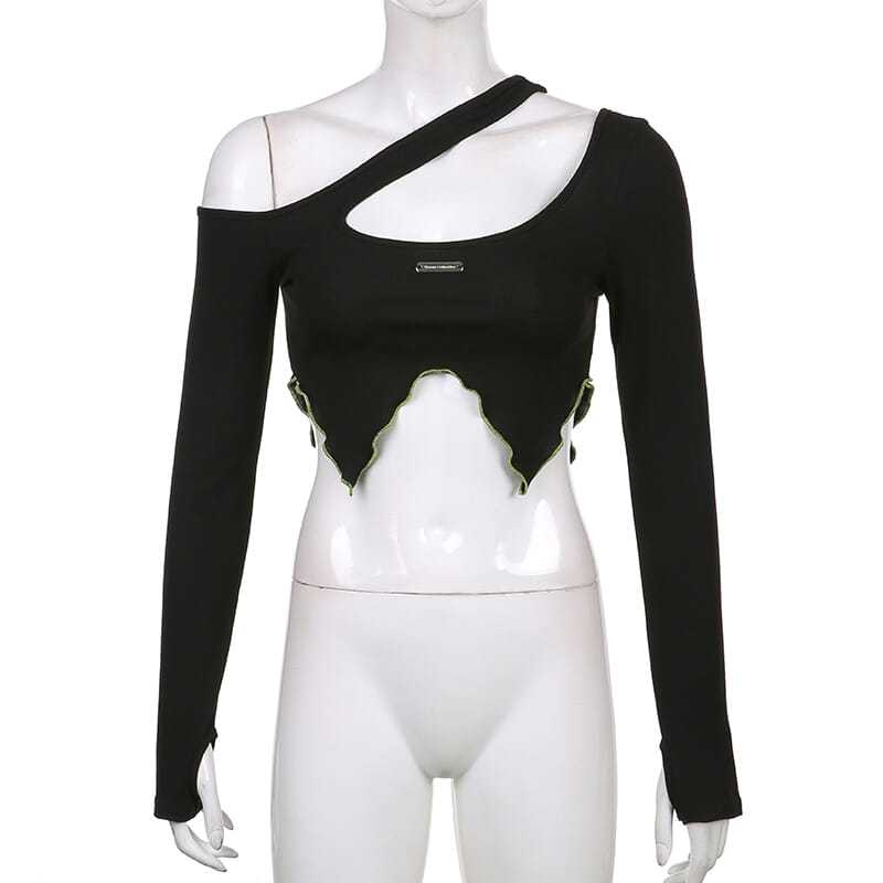 Dvoudílné tričko v kontrastní barvě s odklopenými rameny Dámské Slim Nepravidelné Top Krátký Dlouhý Rukáv