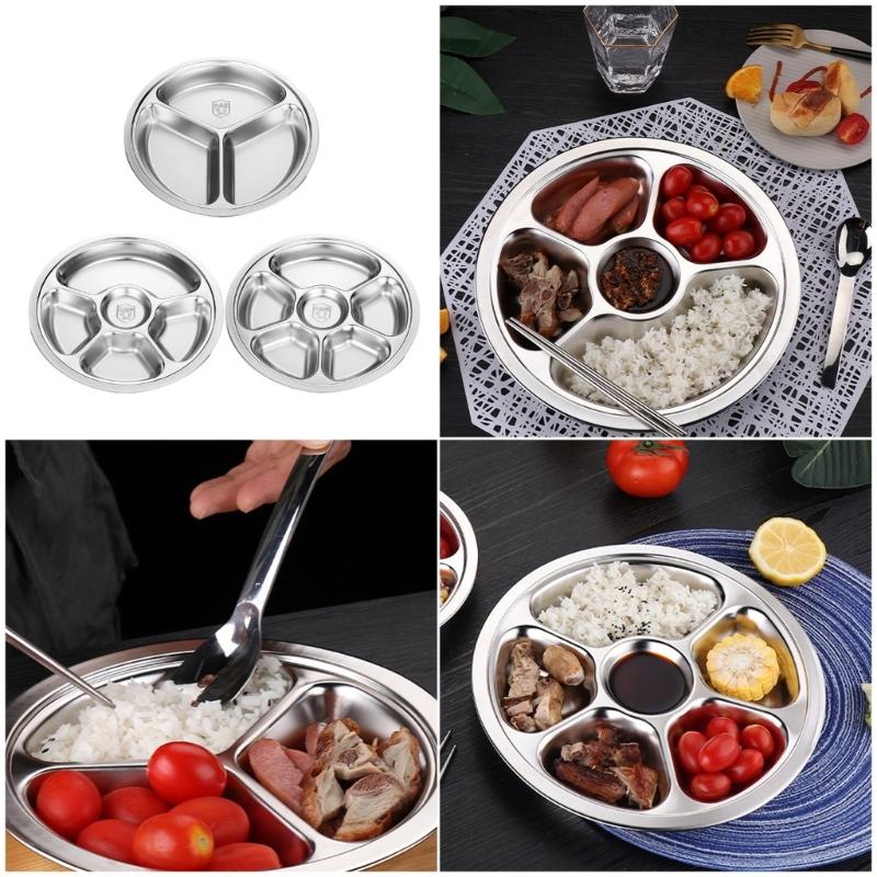 Stainless Steel Multi Compartment Round Plate 28cm For Meal Preparation Outdoor Picnics Office Lunch Microwave Safe Dish