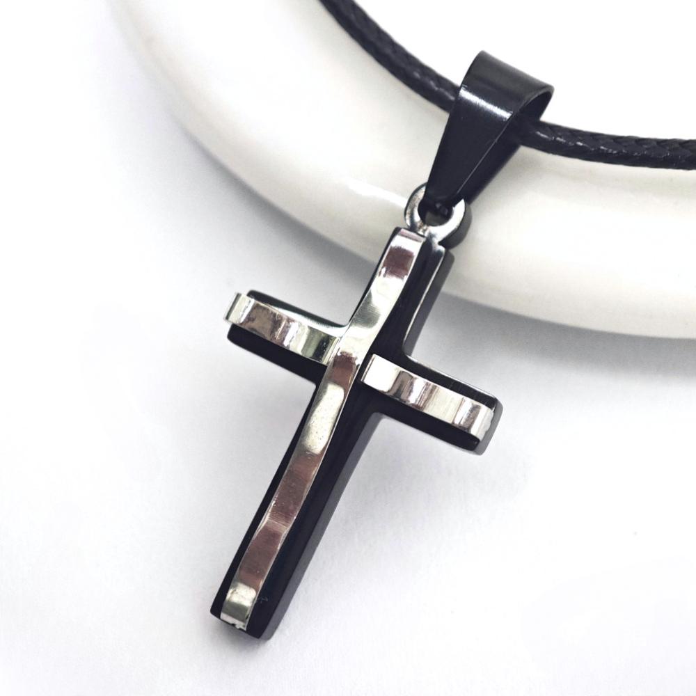 Stainless Steel Double-layer Cross Leather Rope Necklace for Women Men Silver&Black Trendy Jewelry Gift