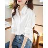 Women's White Lapel Blouse Hollow Out Lace Detail Long Sleeve Button Loose Casual Office Shirt