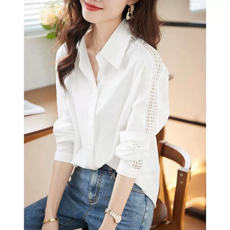 Women's White Lapel Blouse Hollow Out Lace Detail Long Sleeve Button Loose Casual Office Shirt