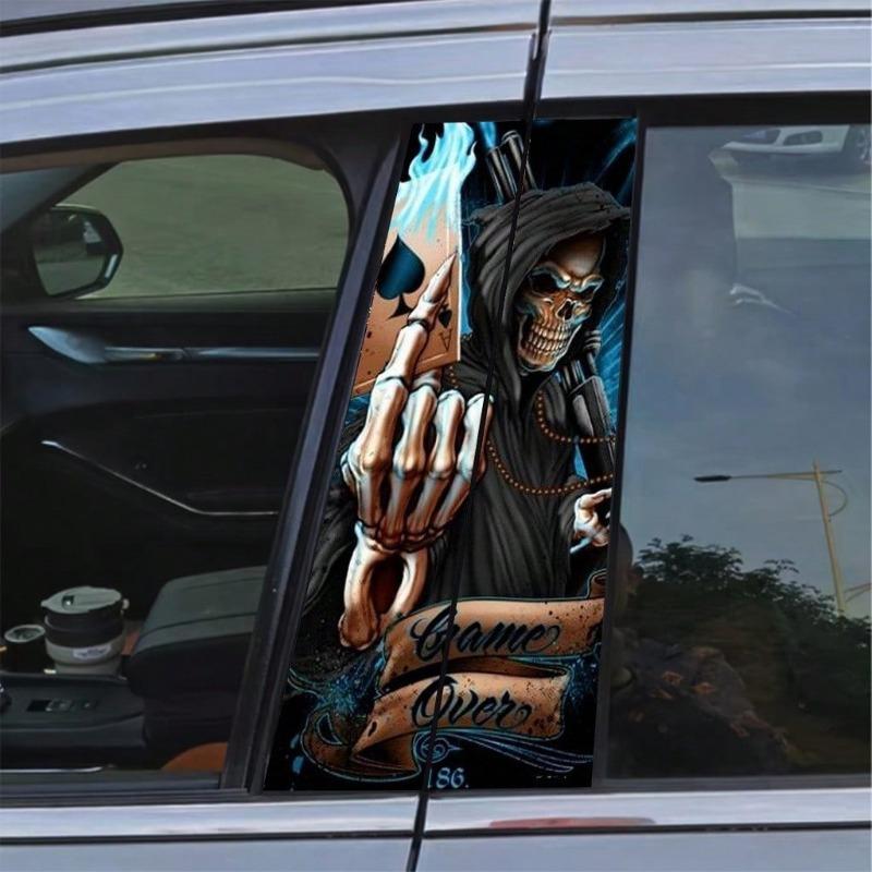 

Очень красивые и интересные 2 шт. наклейки на центральную стойку автомобиля, персонализированная креативная защитная пленка для стойки B, черный туз с картой покера с черепом one-size