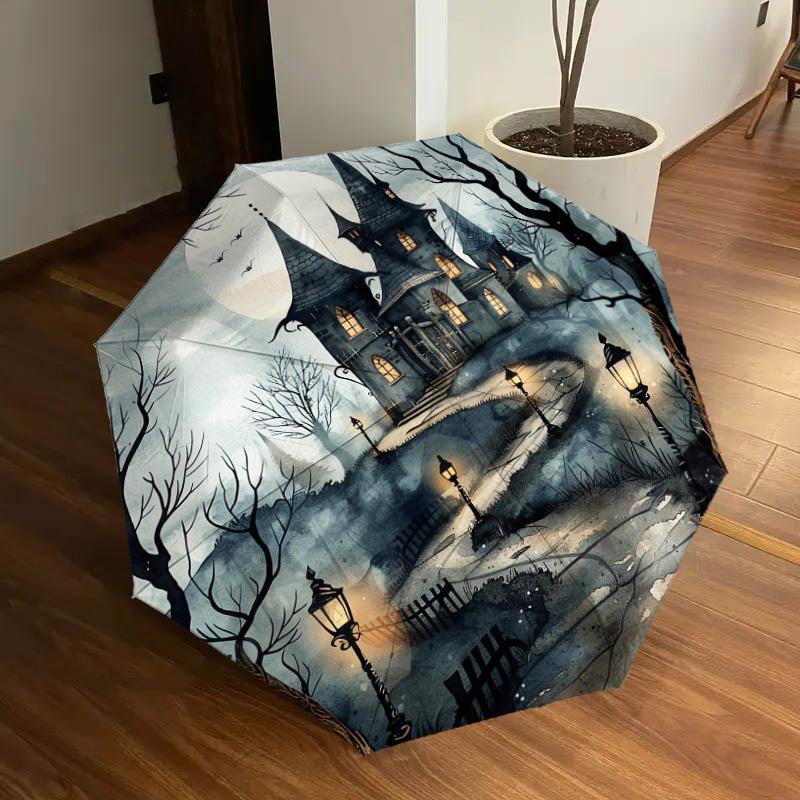 1pc Haunted House Spooky Night Pattern Umbrella Automatic Opening and Closing Umbrella, High-quality Travel Umbrella, Lightweight and Portable, -43