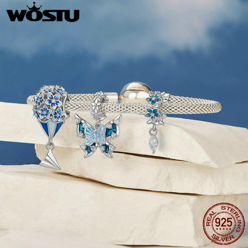 WOSTU 925 Sterling Silver Blue Butterfly Charms Paper Plane Pendant Flower Beads Fit Original Bracelet Necklace DIY Party Gift