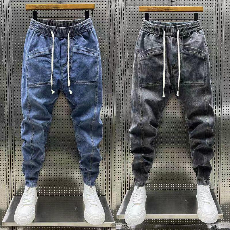 Men's Rogue Style Elastic Slim-Fit Nine-Point Jeans with Drawstring - Versatile for Spring and Autumn