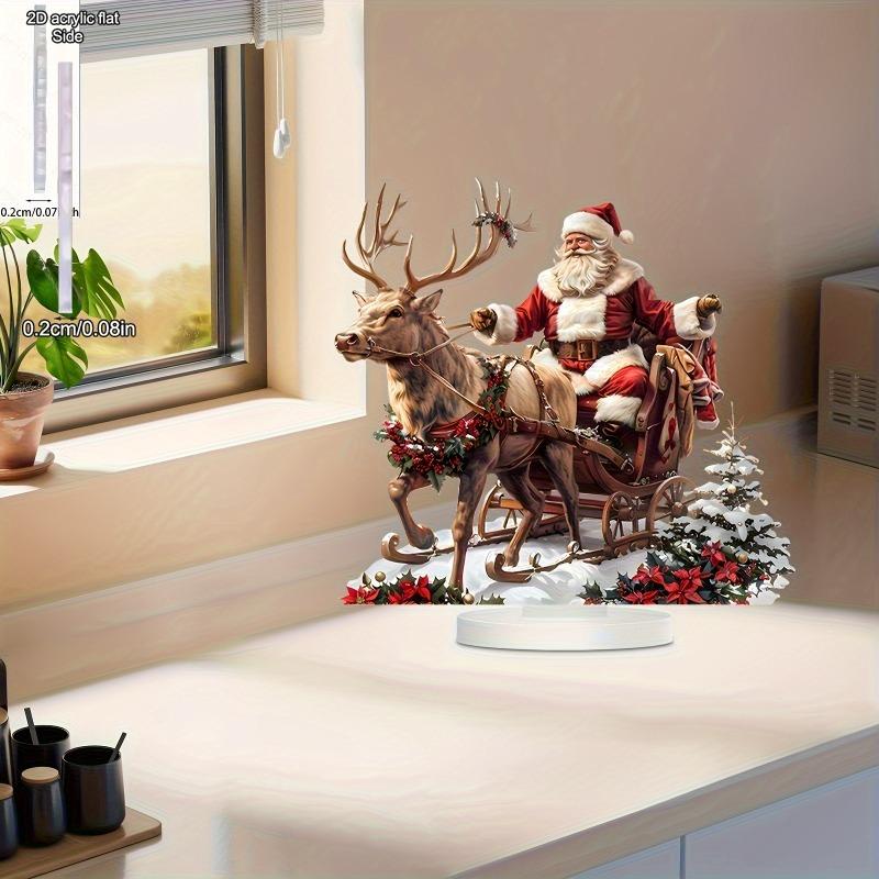 2D Flat Santa Claus Reindeer Sleigh Acrylic Desktop Decoration, Suitable for Wall Decoration, Porch, Room, Villa, Accents Home, Hallway, or Workplace