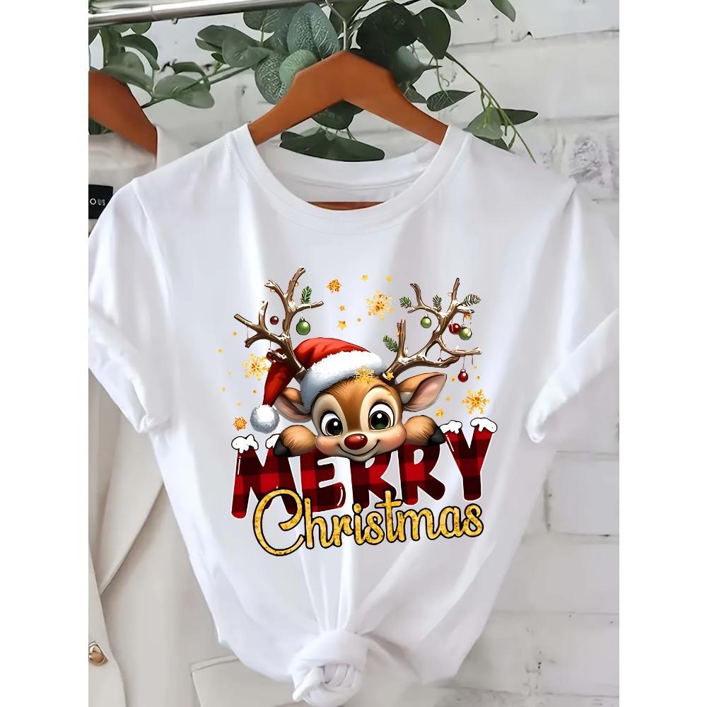 Women'S Festive Deer Christmas Graphic T-ShirtCrew Neck Short Sleeve Casual Top Harajuku Short Sleeve Casual Aesthetic Clothes