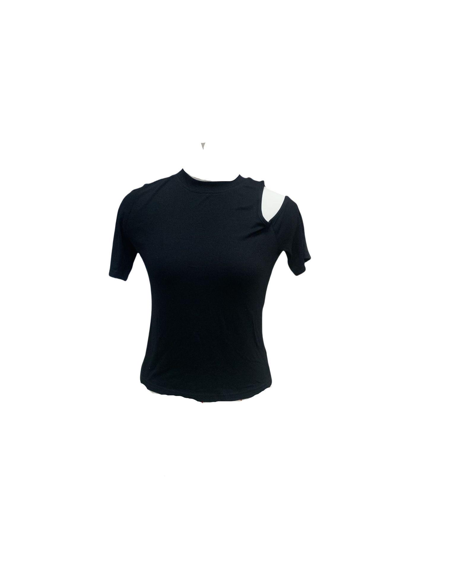 

Women s 2024 Summer Solid Color Ribbed Cotton Short Sleeve Slimming T-shirt with Round Neck Medium чёрный