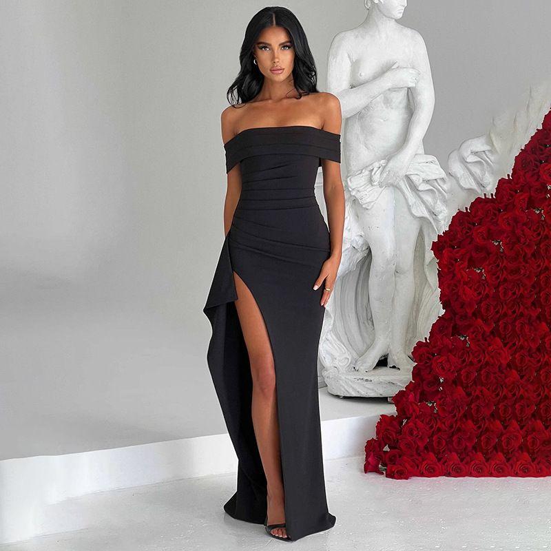 

Fashion Ins off-Shoulder Backless Slit Formal Dress Black S