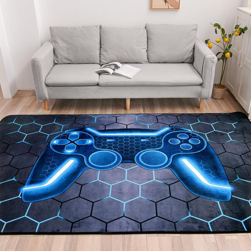 Game Console Area Rug for Bedroom and Playroom, Geometric Gamer Carpet, Decorative Non-Slip Floor Mat for Gaming Room