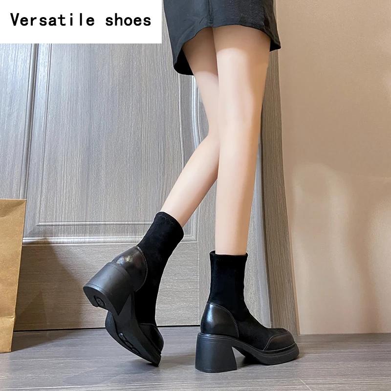 Dicker Absatz Damen Stretch Stiefeletten Mode Elegant Modern Schlank Kurze Stiefeletten Herbst Winter Damen Slipper