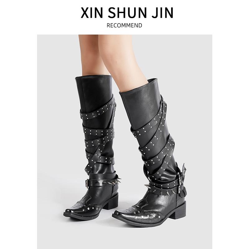 Pointed Rivet Knight Boots Women'S Black Retro Belt Buckle Over Knee Boots Skinny Thick Heel Boots