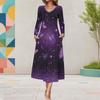 Women Plus Size V Neck Long Sleeve Purple Butterfly Print A Line Midi Dress With Pockets