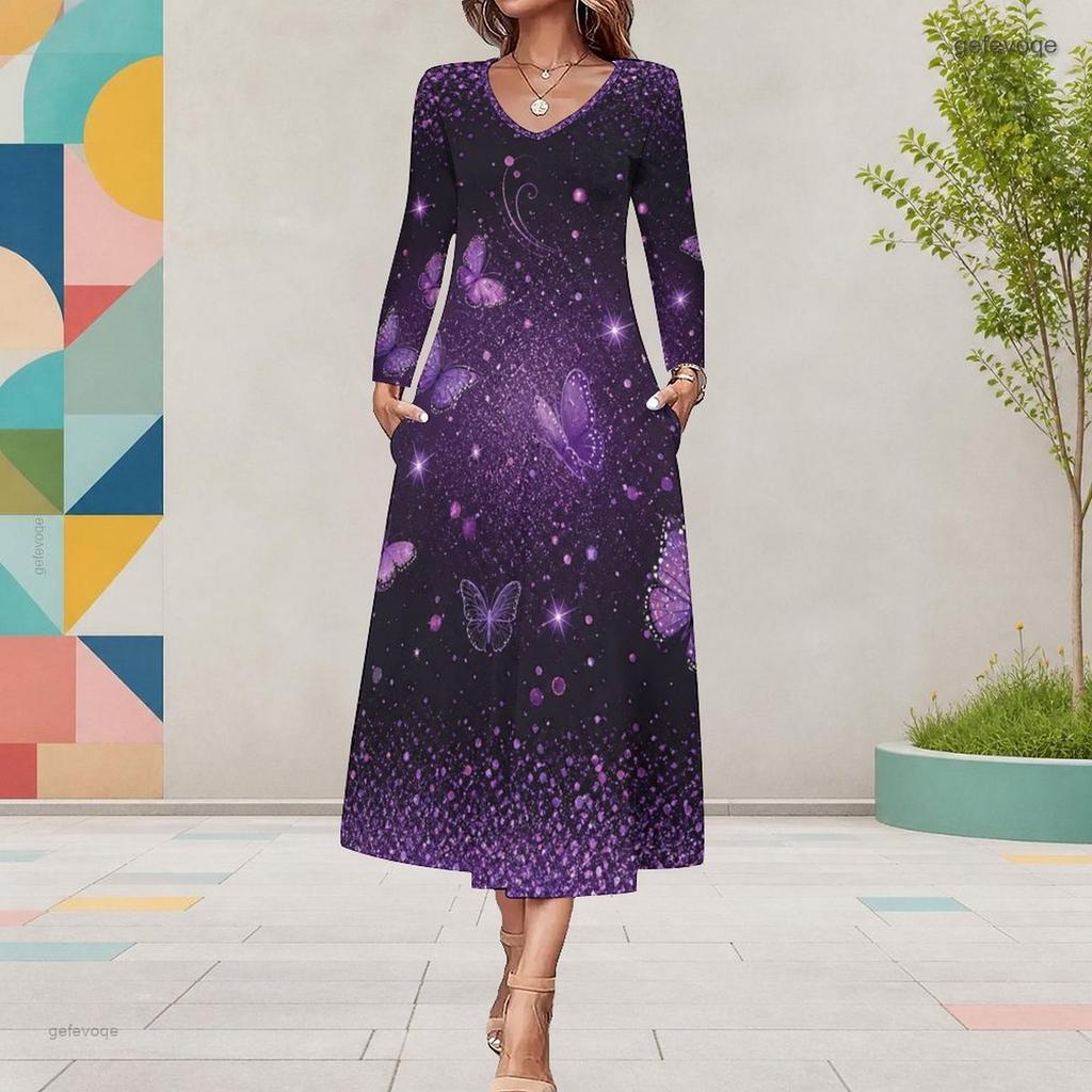 Women Plus Size V Neck Long Sleeve Purple Butterfly Print A Line Midi Dress With Pockets