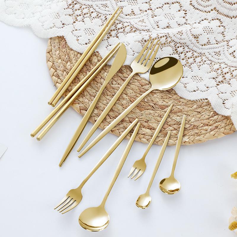 Gold-Plated Portuguese-Japanese Stainless Steel Cutlery Set: Knife, Fork, Dessert Spoon, Chopsticks, Ice Cream Spoon, Fruit Fork