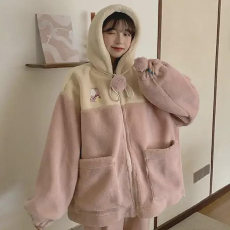 Volný vlněný kabát z jehněčího materiálu v korejském stylu pro studentky z roku 2024 - útulný sametový svetr na podzim/zimu