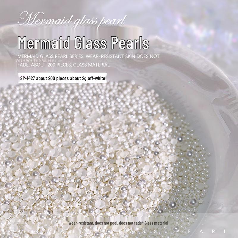 Crystal Glass & Pearl Nail Art Decorations - High Gloss, Flat Back, Off-White Semi-Circular Style