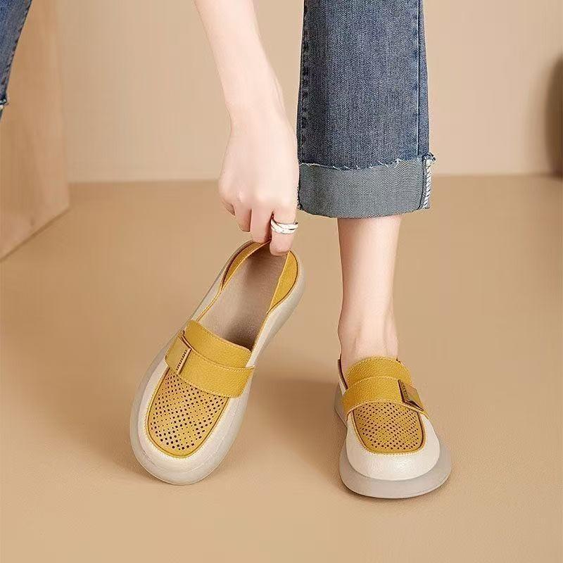 

Кожаные женские летне-осенние новые дышащие полые на мягкой подошве повседневные универсальные ленивые туфли с отверстиями, одинарные туфли 35 жёлтый