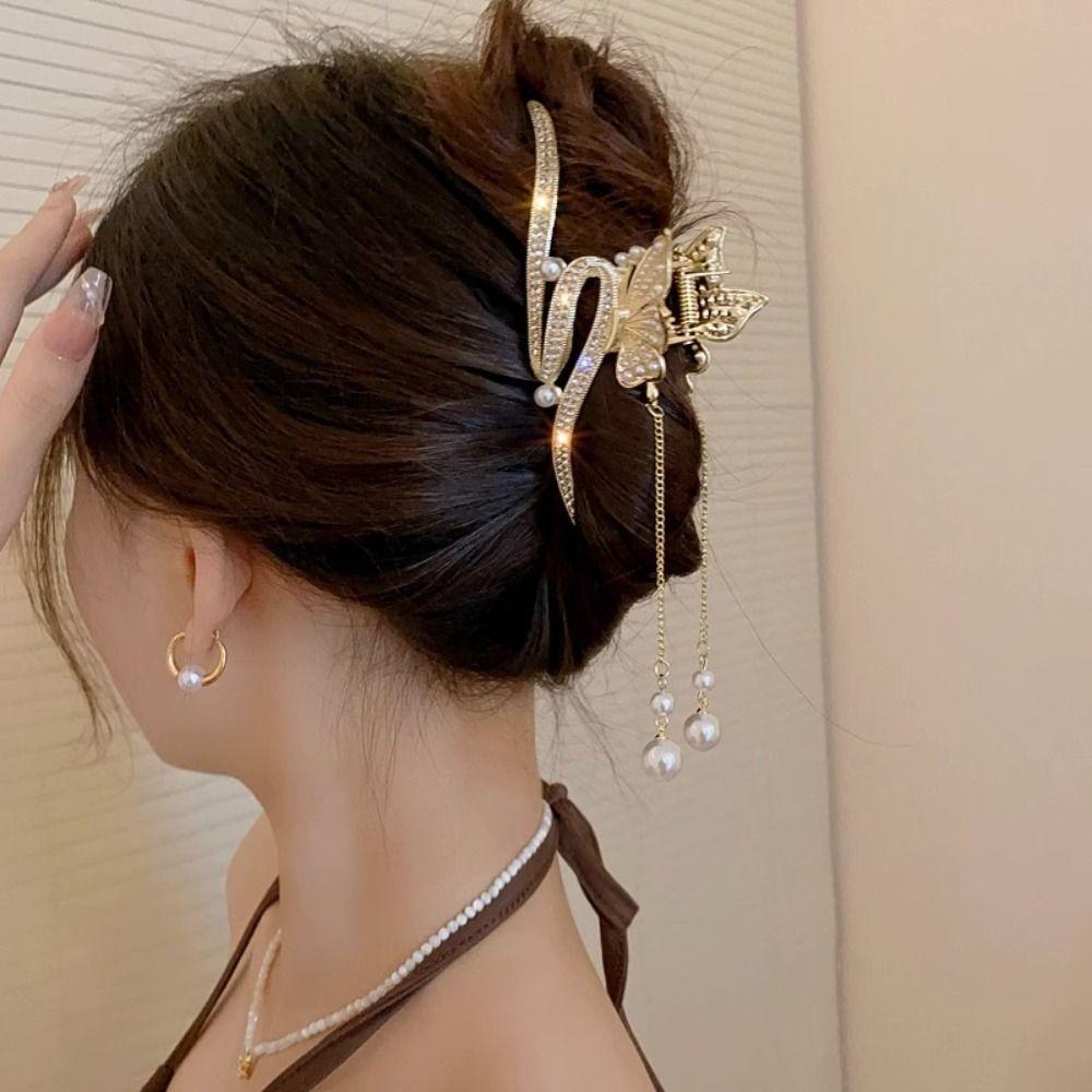 

Geometric Butterfly Tassel Hair Claw Diamond Pearl Ponytail Holder Butterfly Claw Clip Girl