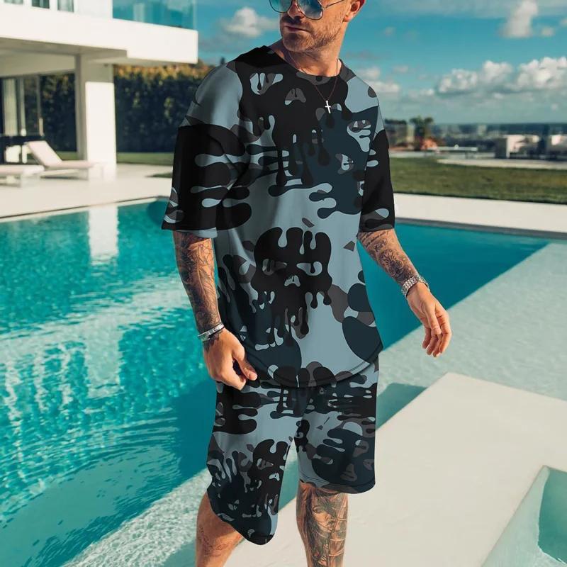 Trening Camuflaj Pictură 3D Trening Set Tricou Mânecă Scurtă Modă Streetwear Pantaloni Scurți 2 Piese Îmbrăcăminte Sport Îmbrăcăminte Bărbați