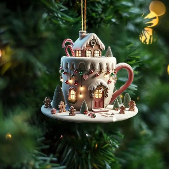 Coffee Cup Christmas Tree Ornaments 2D Acrylic Winter Snow House Hot Chocolate Mug Shape Hanging Decoration for Holiday Tree Decor