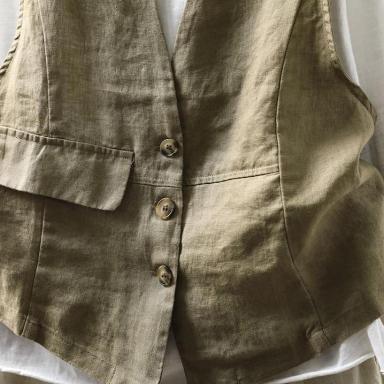 Vintage Patchwork Pockets Sleeveless Summer Coat Women Solid Color Button Johnature Female Coats