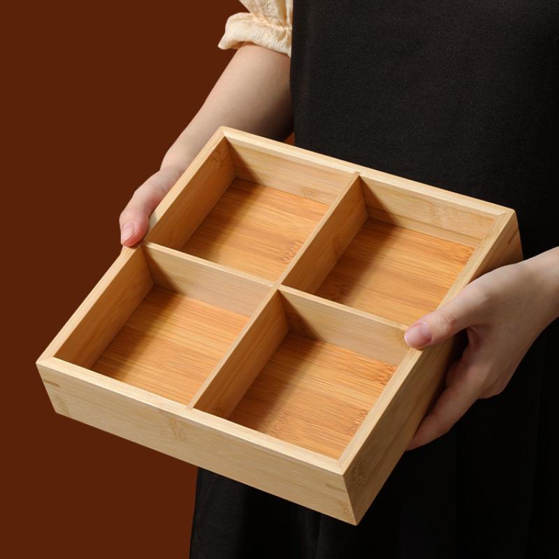 Japanese 6-grid Bamboo Dessert Dish, Colorful Ceramic Plate, Snack Tray, Hot Pot Side Dish, Wooden Grid Plate, Tableware Platter