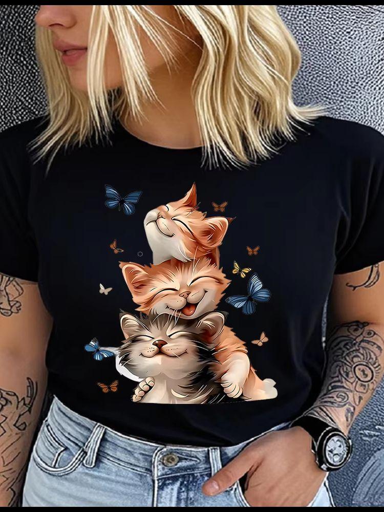Unisex Womens Cotton Cat and the Butterfly Print Tshirt Loose Round Neck Casual Short Sleeve Fashion Top Clothing Summer
