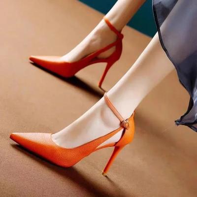 Orange  Sexy Pointed Thin Heeled High Heels High Quality Women Fashion Elegant Party Banquet Pumps Size