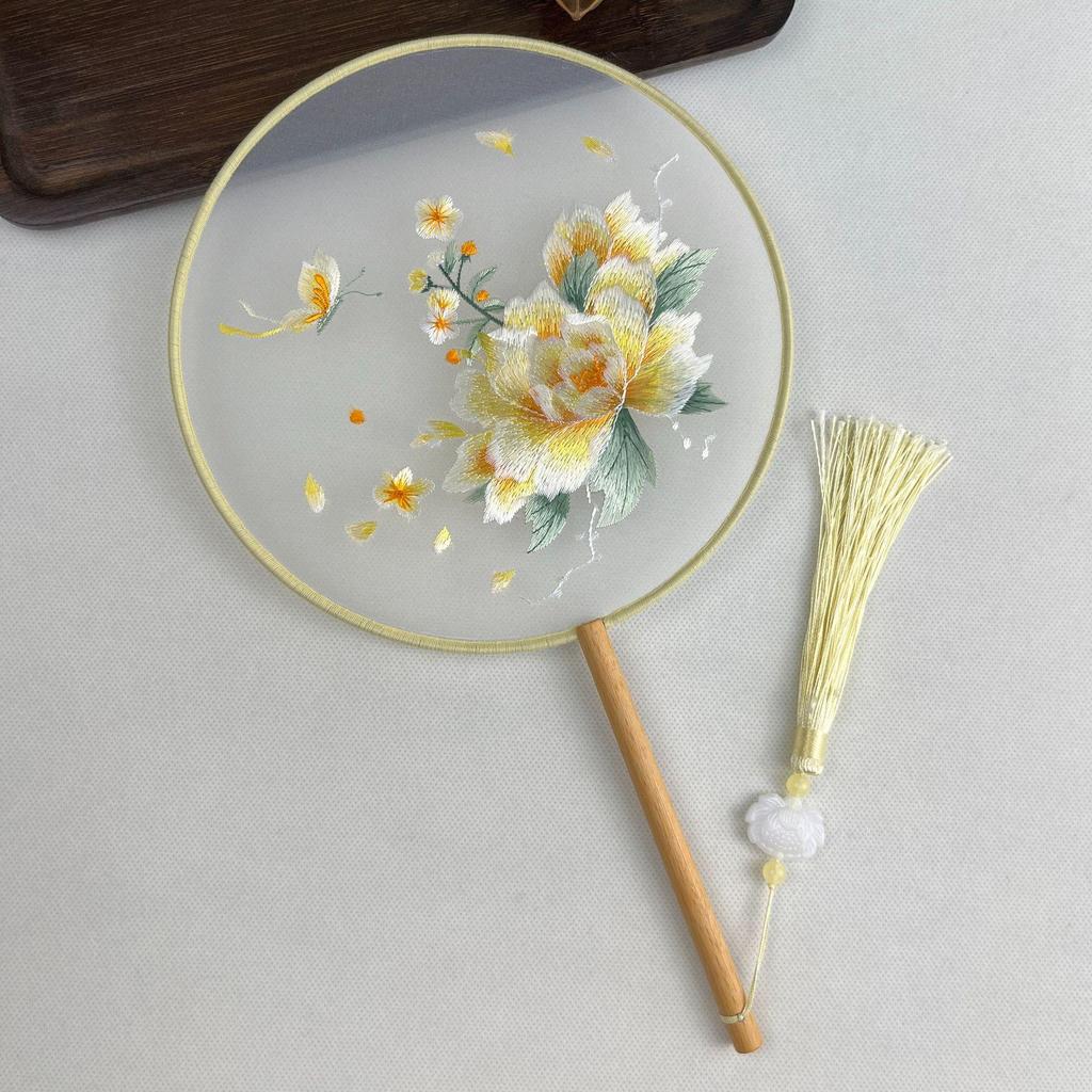 Ancient Chinese Round Hand Fan: Suzhou Double-Sided Embroidery with Peony Design for Hanfu Dance