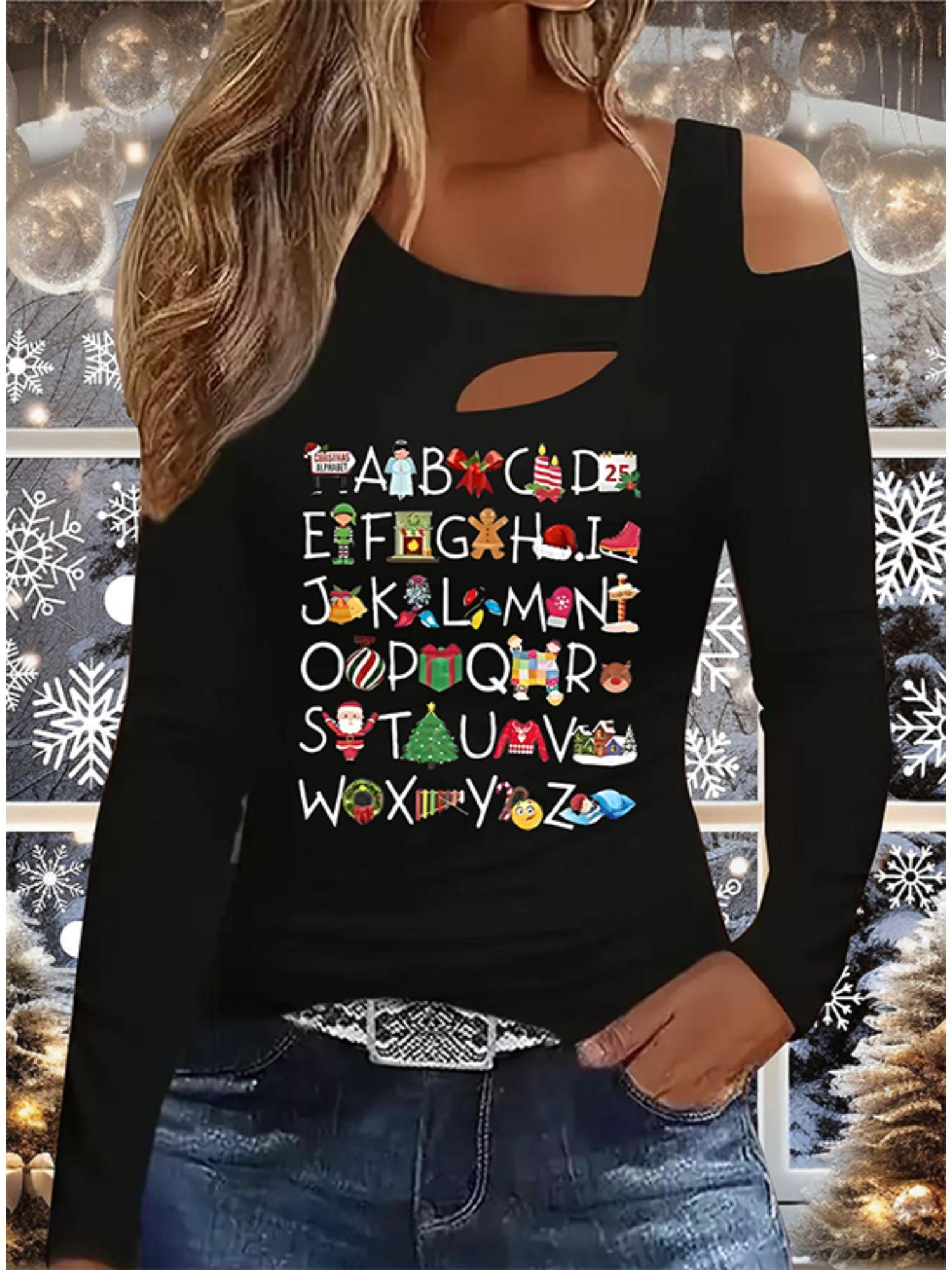 

Осень и Зима Женский Новый Повседневный Топ с Длинным Рукавом Рождественский Узор Идеальный Подарок на Хэллоуин Рождество Футболка S чёрный