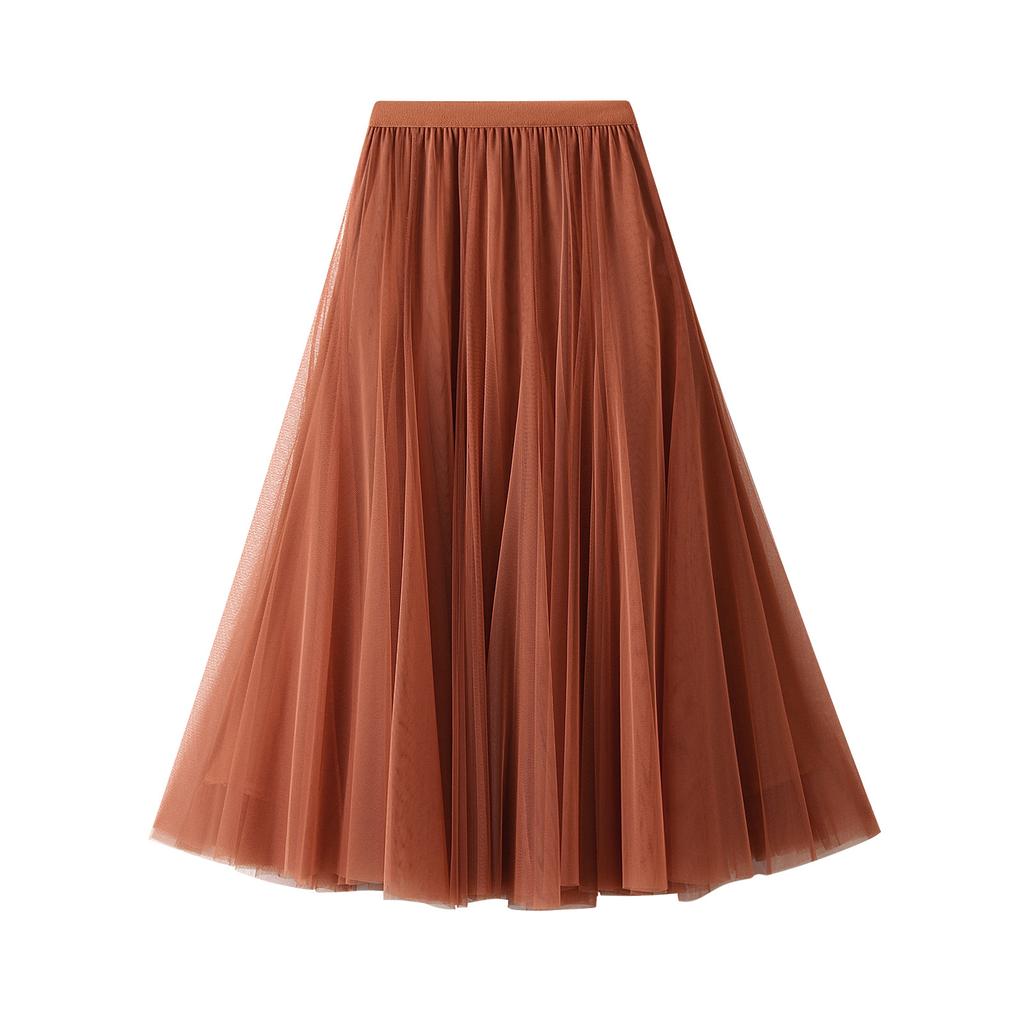 Women's Tulle Skirt Elastic High Waisted A-Line Layered Flowy Long Skirts Pleated Mesh Midi Skirts for Women Casual Beach Ruffle Skirts for Party
