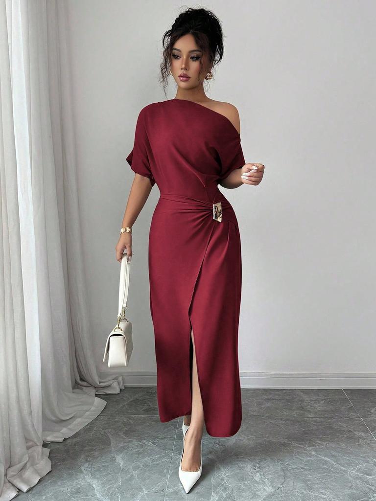 Summer Off-Shoulder Dress for Women, Solid Color Split Elegant Slim Fit Bodycon Maxi Dress
